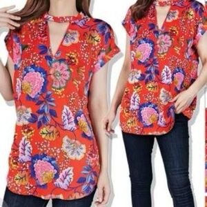 Express Red Oriental Blossoms Choker Cap-sleeve Silky Blouse XXS TTP Light